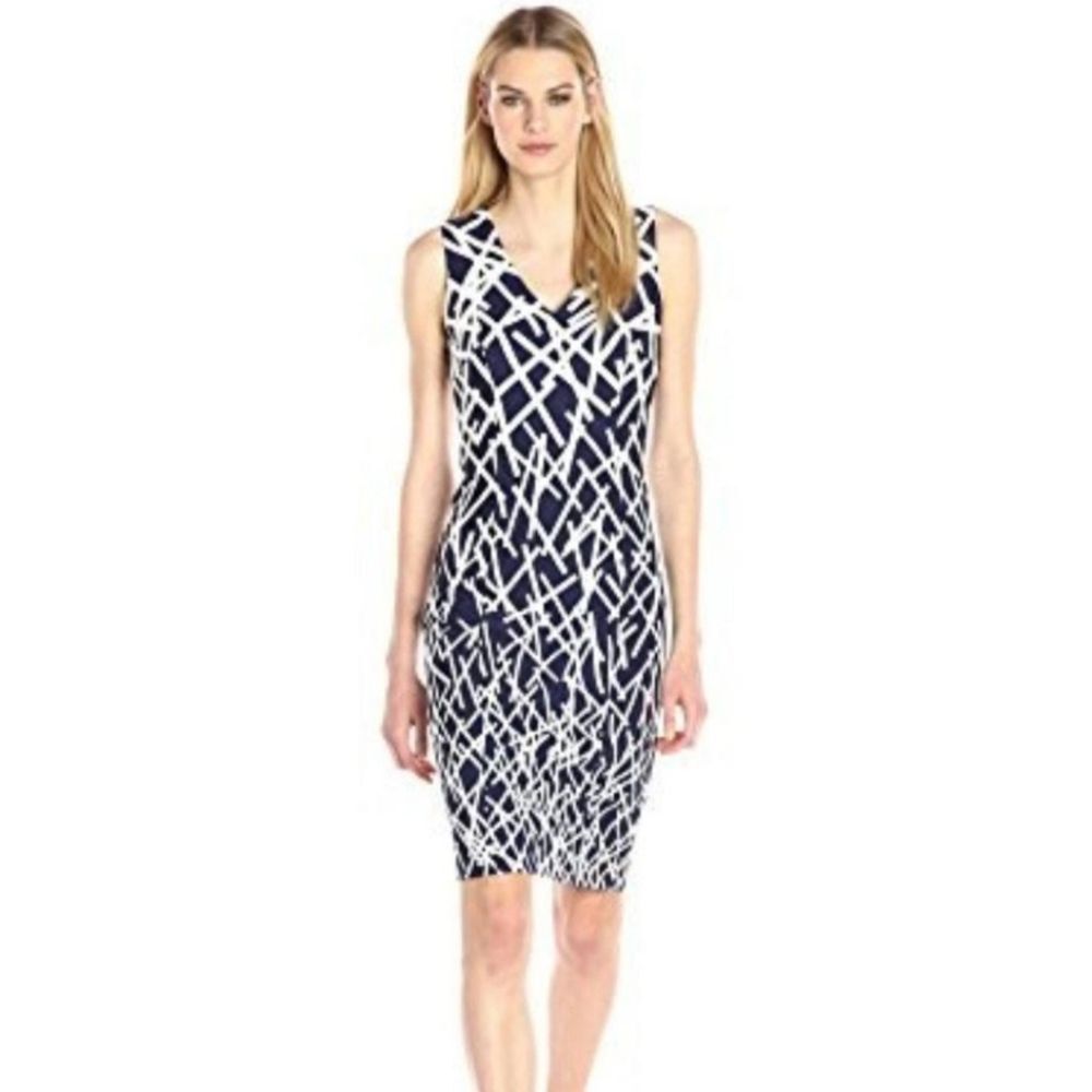 NWT Adrianna Papell Size 22W Blue Abstract Sleeveless Sheath Knee-Length Dress